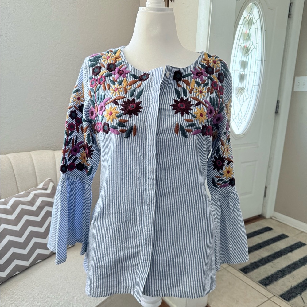 Floral Embroidered Striped Blouse - Picture 1 of 7
